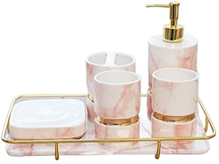 Accessori Bagno Set Bagno Set Da Bagno In Ceramica Set Da Bagno In Sei Pezzi Dispenser Di Sapone Per Lozione Portaspazzolino Portasapone Con Vassoio Set Accessori Bagno (Color : Rosa)