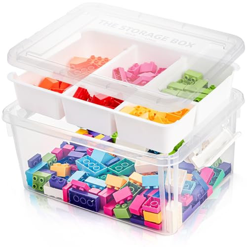 Eorbow Caja de almacenamiento de plástico con bandeja dividida extraíble, contenedor de almacenamiento transparente con tapa y asa, organizador apilable para organizar herramientas, cuentas, lego,