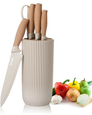 AVEKI Kitchen Knives Block Set, 6-Piece Chef Knife Set with Sharp Blades, Professional Knife Set with Ergonomic Handle, Non-stick Stainless Steel Knife Block Set (Khaki)