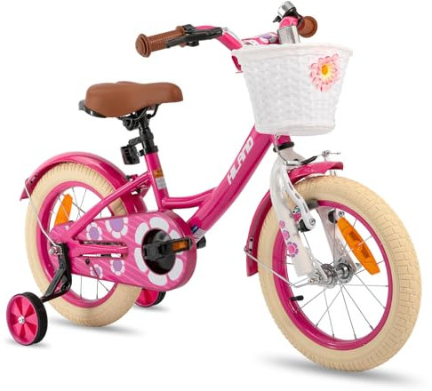 HILAND 16 Zoll Mädchenfahrrad, Kinderfahrrad für Mädchen ab 4 5 6 Jahren, mit Korb und Stützrädern, Rosa