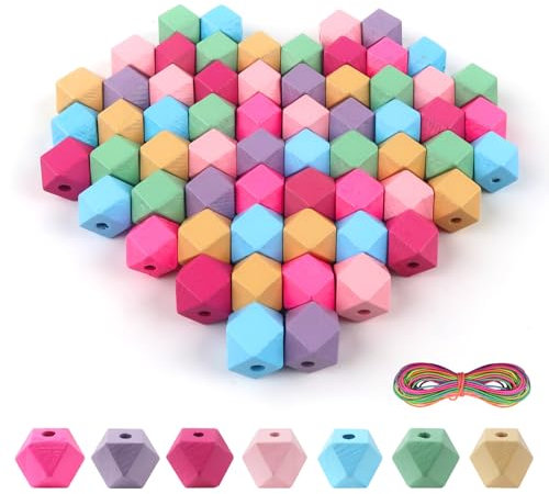 TOAOB 91 Stück Natürliche Achteckig Bunte Holzperlen zum auffädeln Holzkugeln 15mm mit Loch set Geometrische Holz Perlen Basteln für DIY Schmuck Herstellung