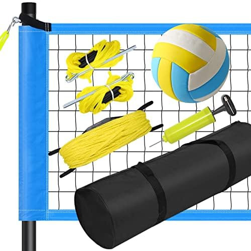 Patiassy Volleyballnetz Garten Outdoor Mobiles Set Mit Stangen, Höhenverstellbar Volleyball Netz, PU Volleyball, Handpume, Grenzlinie, Tragetasche für Rasen Standardgröße 9,5m* 1m (Blau)