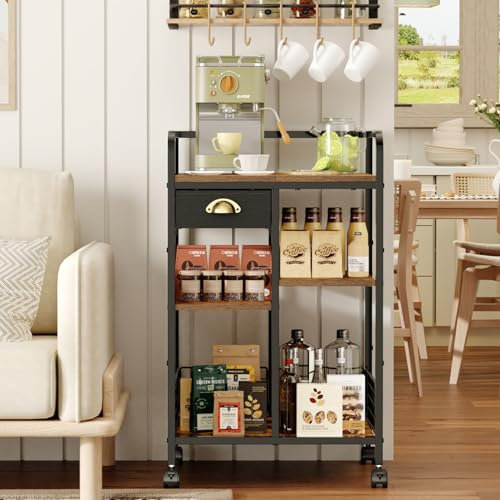 keomaisyto Mobiler Barwagen mit Rollen, 4-stöckiger verstellbarer Couchtisch mit Stauraum, rustikale Holz-Kaffeestation für Küche/Wohnzimmer/Esszimmer/Eingangsbereich