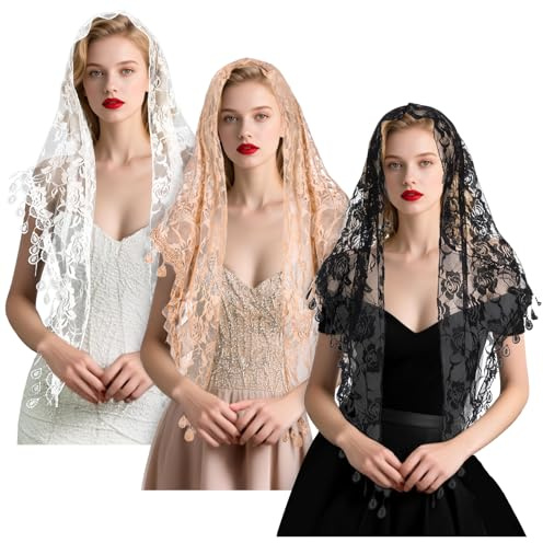 Mantilla katholischer Kapellenschleier, Dreiecksschleier, Kathedrale, Kopfbedeckung, Dreiecksspitze, Tüll, Schal, Abdeckung für Frauen und Mädchen, Kirchen-Stirnband, florales Kopftuch, lateinische