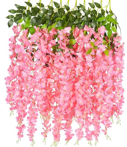 AIBAOBAO Artificial Flowers Wisteria, 12PCS Fake Flowers Vine Garland, Hanging Trailing Plants Bush String Flower for Wedding, Party, Ceremony, Home, Garden, Outdoor, Indoor Decoration (Peach pink)