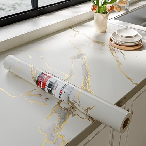 Decotalk Papel Pintado Pared Autoadhesivo Mármol Blanco Y Dorado 40X500cm Vinilo Adhesivo Muebles Blanco Evinilo Encimera Cocina Marmol Impermeable Vinilo Adhesivo Baño Vinilos Muebles Removible