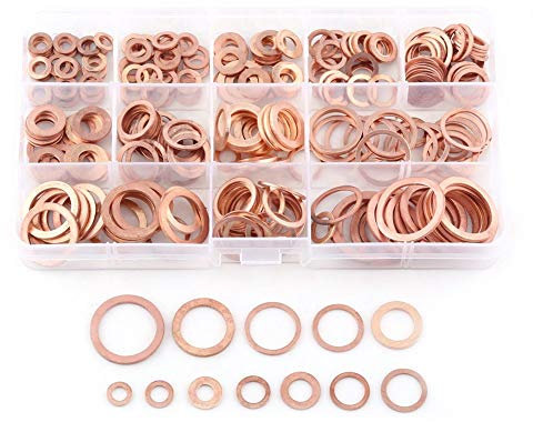 Fydun Arandelas de Cobre Planas 12 tamaños 280pcs Juego de Anillo de Sellado Plano