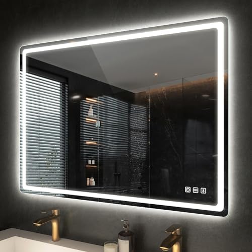 S'bagno Bluetooth-Badspiegel-mit-Beleuchtung-100x70cm, LED-Badezimmerspiegel mit Entfoggen, 3000K-6500K, Dimmbar, Speicher, HD-gehärtetes Glas, IP44-Badezimmer-Spiegel-mit-LED, Horizontal/Vertikal