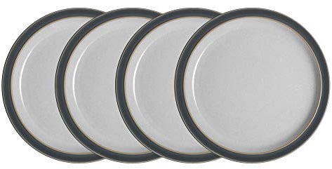 Denby - Elements Fossil Grey Dinner Plates Set of 4 - Dishwasher Microwave Safe Crockery 26.5cm - Dark Grey, White Ceramic Stoneware Tableware - Chip & Crack Resistant Large Plates