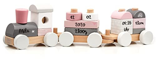 KIDSLINO Holz Eisenbahn rosa - personalisierbar I Geschenk zur Geburt Mädchen I Handmade Holzspielzeug mit Steckformen I Personalisierte Geschenke Baby I Holzzug mit Name & Geburtsdaten