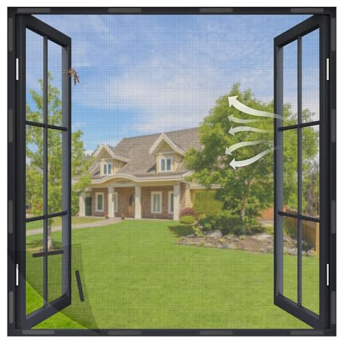 REDTRON DIY Magnetic Window Fly Screen 130x150cm, Durable Fiberglass Window Screen Mesh with Updated Magnetic Plastic Buckles, Removable Window Mesh Net for Most Windows(Grey), Style 3