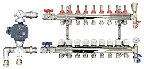 Wärmer System 9 Port Brass Underfloor Heating Manifold with A Rated UPM3 Auto Flex Pump,Blending Mixing Valve,16mm Pipe Connection and Ball Valves with Gauges for Water Underfloor Heating System