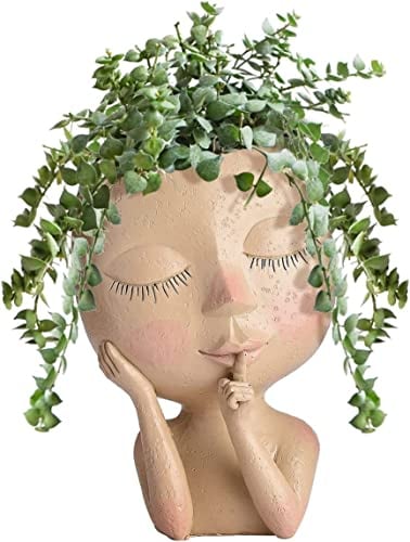 Fashionapple Pot de Fleurs en Forme de Visage avec tête de Pot de Fleurs pour Plantes d'intérieur en résine avec Trou de Drainage. Statue de Femme Mignonne pour décorer, Cadeau Marron Clair