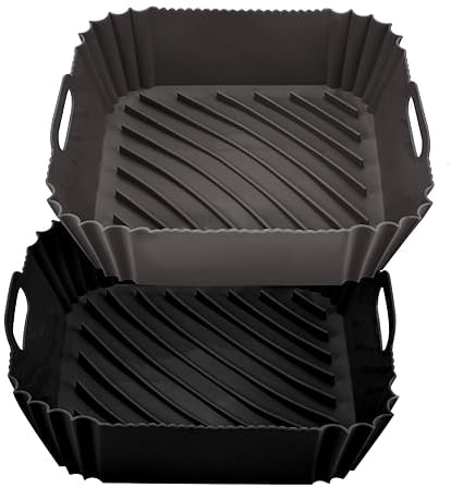 Air Fryer Liners – Durable Air Fryer Silicone Liners – Air Fryer Liners Square with Practical Handles – Dishwasher and Oven Friendly Silicone Air Fryer Basket – 2pcs (Black+Grey)