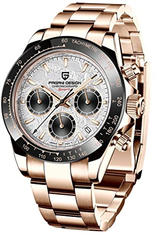 Pagani Design Herrenuhr Saphirglas Chronograph Edelstahl Wasserdicht Leuchtende Uhr Japanisches Uhrwerk Herren Quarzuhr Uhr für Männer(Stahl Gold Meteorit)