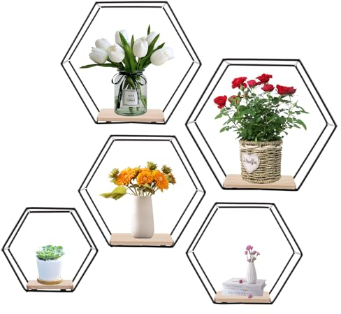 DAJAVE Wandregal Hexagon Schwarz Metall Schweberegal 5er Set Hexagon Floating Shelves Regal Wand Hexagons Deko Hängeregal für Wohnung, Büro, Café und Hotel Wanddeko