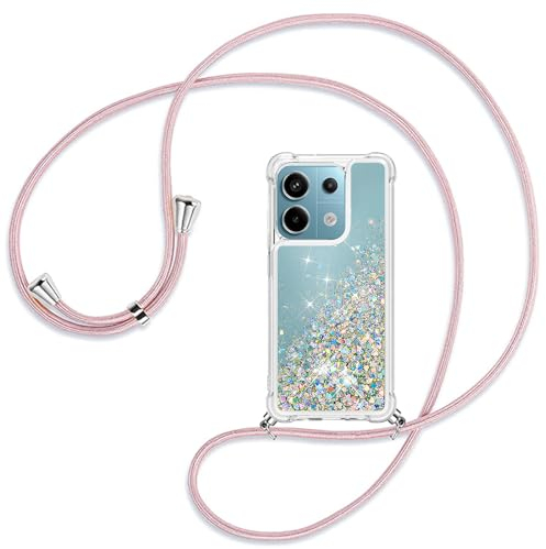 Coque avec Cordon Compatible avec Xiaomi Redmi Note 13 Pro 5G, Housse Paillette Liquide Paillette Filles Antichoc TPU Silicone Case, Réglable Smartphone Collier Etui avec Lanière