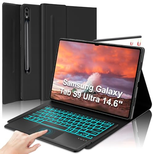 SENGBIRCH Tastatur Hülle für Samsung Galaxy Tab S10 Ultra14,6 Zoll - QWERTZ Deutsche Abnehmbare Touchpad Hintergrundbeleuchtung Bluetooth Tastatur, Keyboard Case für Tablet S9/S8 Ultra 14.6, Schwarz