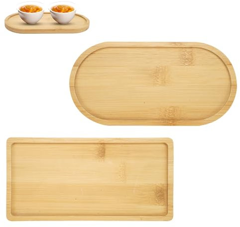 EXIN DEHCEN 2 Pièces Plateau en Bambou, Petit Plateau Decoratif Assiette Bambou de Stockage Service Bois pour Nourriture, Tasses, Bijoux, Pots de Fleurs, Café, Biscuit (Ovales, Rectangulaire)