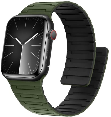 Bisikor Compatibile con Cinturino Apple Watch 42mm 41mm 40mm 38mm Cinturino Magnetico in Silicone Sportivo per iWatch Ultra2 SE Serie 10 9 8 7 6 5 4 3 2 1 (Verde Militare/Nero)