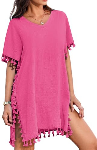 AI'MAGE Strandkleid Damen Sommer Sommerkleider Kurz Strandtunika Strandponcho Bikini Cover Up mit Quasten, Fuchsia, S