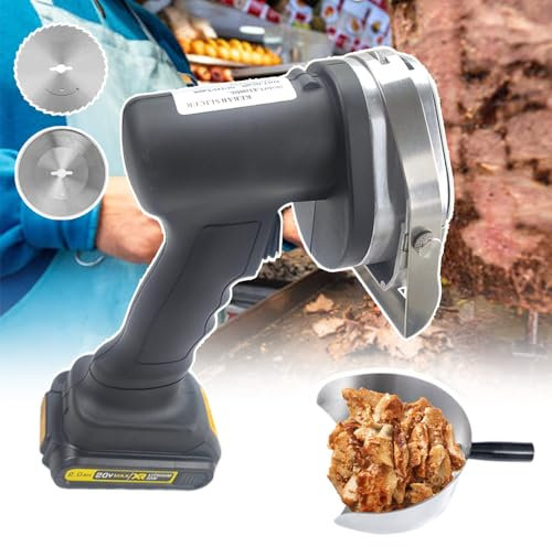 json2xml Commercial Electric Doner Kebab Slicer,HandHeld Kebab Cutter,Meat Cutter Machine,Cutting Thickness 0-8MM,Automatic Shawarma Doner Kebab Knife with Rotisserie Meat Shovel /2 Blades/Battery