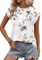WNEEDU Ladies Tops Summer T-Shirt for Women UK Casual Blouse Leisure Pleated Round Neck Tank Top Floral White M
