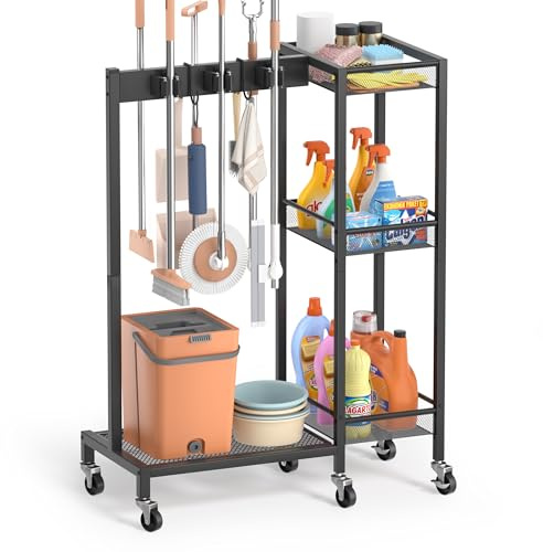 Broom Holder with Cleaning Supplies Organizer, Broom Closet Storage Cabinet with Cleaning Caddy, Cleaning Cart with Mop Hanger Gripper Rack Hooks,Janitorial Cart,Utility Carts Household Essentials