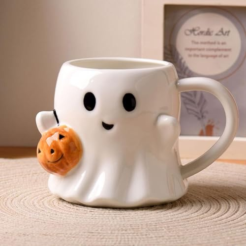 Halloween Tasse, 600ml Geister Tasse Halloween Deko Keramik Geist Kaffeetasse, Niedliche Geister Mug mit Kürbis Deko Neuheitsgeschenk für Jungen, Mädchen (A)