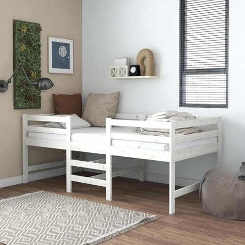 QUAHEAS Massivholzbett Weiß 90x200 cm, Kiefernholz Einzelbett mit Leiter, Robustes Bettgestell für Kinder & Jugendliche, Platzsparendes Halbhochbett