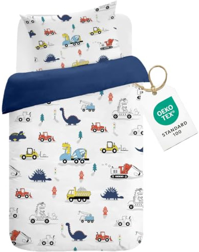 CINYE KinderBettwäsche Blau Dinosaurier – 2 teiliges Set aus Bettbezug 100x135cm + Kissenbezug 40x60cm für Baby/Junge/Kind,Bettwäsche Set mit Auto und Dinosaurier Motiven,100% Mikrofaser
