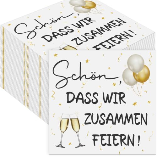 80 Stück Servietten Weiß Gold, 33 x 33 cm Schön Dass Wir Zusammen Feiern Papierservietten, Cocktailservietten mit Ballon & Sektglas Design für Hochzeit Geburtstag Taufe Kommunion Party Tischdeko