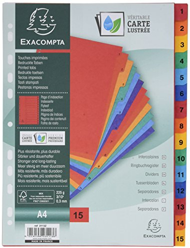 Exacompta 3113Z 8er Pack Premium-Register 1-15 für DIN A4 aus starkem Colorspankarton 15-teilig volle Höhe 22,5 x 29,7 cm vollfarbig 3 x 5 Farben mit Indexseite zum selbstgestalten Trennblätter