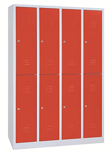 Schrank & Stuhl Spind – Metallspind mit 4 x 2 Abteilen in 195 x 117 x 50 cm, Schließfachschrank mit Zylinderschlössern, Lieferung komplett montiert, Grau/Rot