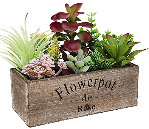 Hopewood Artificial Succulent Plants Arrangement in Wooden Planter, Fake Succulents Plants in Rustic Wood Box, Faux Succulent in Rectangular Pot, Centerpiece, Home Office Shelf Indoor Decor Plants
