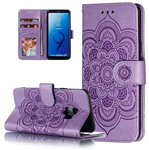 EYZUTAK Mandala Hülle für Samsung Galaxy S9 Plus,Premium PU Leder Flip Brieftasche Kartenfächern Holder Magnetic Ständer Schutzhülle Handyhülle Ultra Slim Case mit Lanyard, Prägung Klapphülle-Lila
