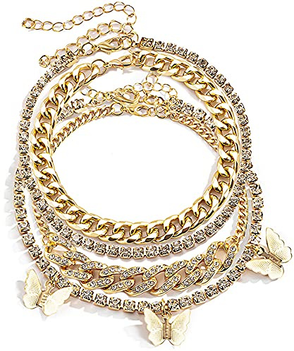 HaHaGirl Layered Butterfly Anklet for Women Charms Butterfly Gold Plate Silver Plate Rhinestone Cuban Anklets Adjustable Anklet for Summer Beach