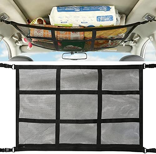 Voilamart Car Ceiling Cargo Net Pocket,30.7 x20.8 Interior Adjustable Double-Layer Mesh SUV Car Roof Storage Organizer,Adjustable Strap SUV Storage Net for Putting Quilt Toys Sundries