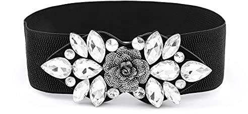 Sethexy Damen Schwarzer Stretchgürtel Damen Strass Breite Gürtel mit Blumen Kristall Hüftgurt Cinch-Gürtel für Kleid