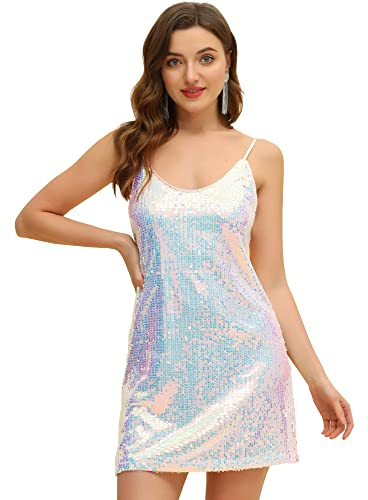 Allegra K Damen Halloween Glitzer Pailletten V Ausschnitt Spaghettiträger Mini Partykleid Clubwear, weiß/blau, X-Klein