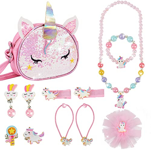 MEOWMEE Sac pour Enfants avec Ensemble de Bijoux, 12 Pcs Filles Sac à Main Enfants Collier Bracelet Bagues Boucles d'oreilles avec Accessoires pour Cheveux Party Dress Up pour Filles