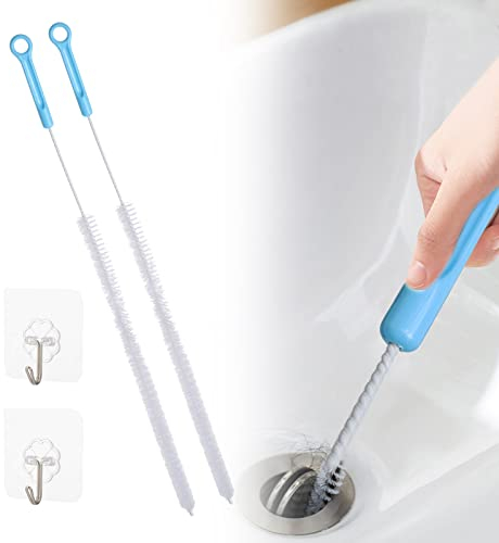Ungfu Mall 2Pcs Sink Cleaning Brush, 71cm Extended Drain Snake Sink Unblocker Tool Sewer Cleaning Hook with 2 Pcs Sticky Hooks Drain Unblocker Tools for Sink, Bath Plug and Sewer, Blue