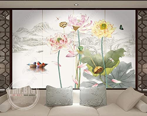 Papier Peint Fond De Télé Nordique Fleur De Lotus Plante De Lotus Papier Peint Salon Chambre 3D Décoratif Mural Film Revêtement Mural 3D Fonds D'Écran Papier Peint Pâte Salon Coller L 140(L)x70(H) cm