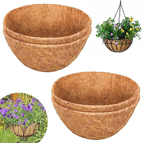 Riare 4Pcs Hanging Basket Liner, 14inch Round Natural Coconut Coir Liners Planter Liner Coco Fiber Replacement Liner for Hanging Baskets, Garden Flower Vegetables Planter Pot, Window Box (4, 14inch)