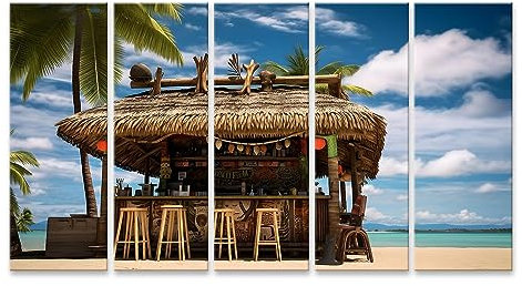 islandburner Bild auf Leinwand Tiki-Bar am Strand, Palmen, blauer Himmel, KI-generierte Szene Bilder Wandbilder Poster JEVA-5P