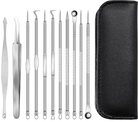 11-Teiliges Mitesser-Entferner-Set, Akne-Entferner Aus Edelstahl, Akne-Extraktor,Mitesser-Entferner, Pickel-Quetschwerkzeug, Mitesser-Porenreiniger