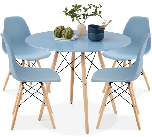 Best Choice Products 5-Piece Dining Set, Compact Mid-Century Modern Table & Chair Set for Home, Apartment w/ 4 Chairs, Plastic Seats, Wooden Legs, Metal Frame - Blue/Oak