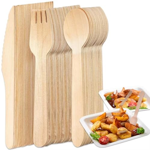 Einwegbesteck Set, 150 Stück, Holzbesteck, umweltfreundlich aus Holz, biologisch abbaubar(Holzgabeln-Holzmesser-Holzlöffel)
