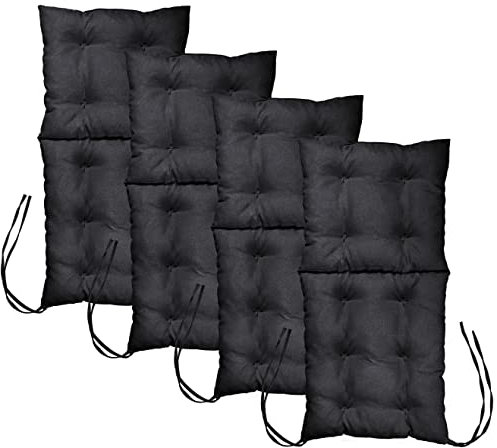 MG Design Stuhlkissen 4er Set 50 x 100 cm Sitzkissen schwarz- Gartenstühle Sitzauflagen aus Polsterstoff, mit weicher Füllung, mit Schnüren zum Binden - Niedriglehner Auflagen