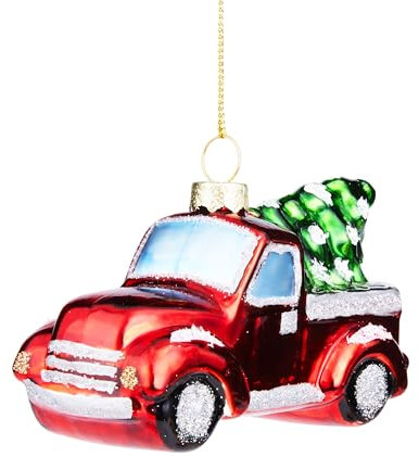 JOIEDOMI Red Truck With Tree Blown Glass Large Christmas Ornament for Tree Hanging, Indoor/Outdoor Decorations, Xmas Party Favors, Cute Presents